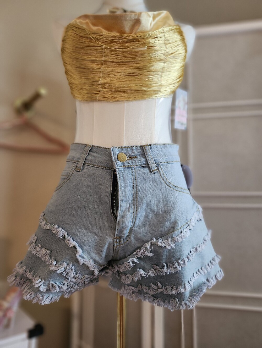 Goddess Pale Blue Distressed Ruffle Denim Shorts